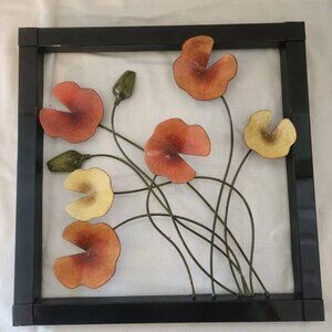 Orange/Yellow Poppy Flower Metal Wall Art W/Black Metal Frame